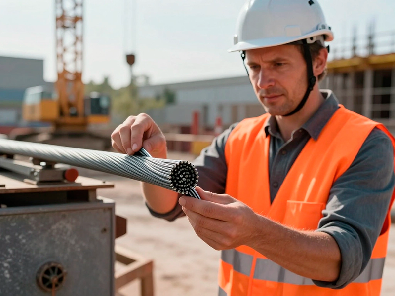 Стальной канат промышленного класса в руках инженера на строительной площадке — выбор качественного троса для грузоподъёмных работ