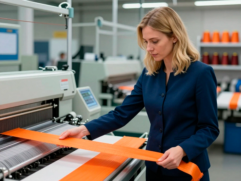 Инженер проводит контроль качества текстильной ленты для строп