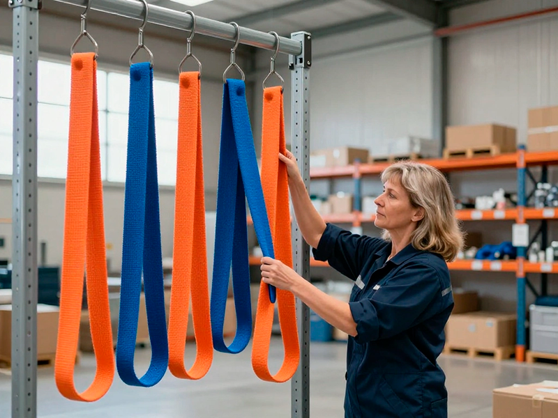 Правильное хранение текстильных стропов на складе: аккуратная укладка без перегибов в сухом помещении с защитой от УФ-излучения